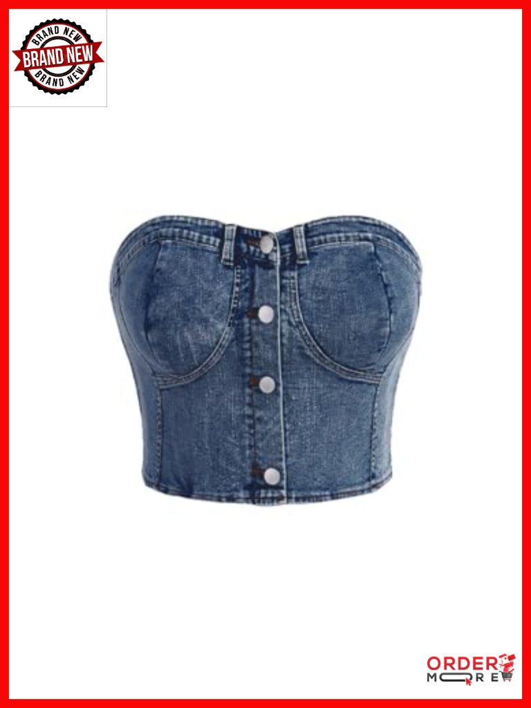 Plus Size Button Down Denim Bandeau Tube Top Strapless Crop Top